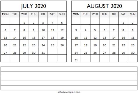 Two Month July August 2020 Calendar Template With Notes 2020 Calendar