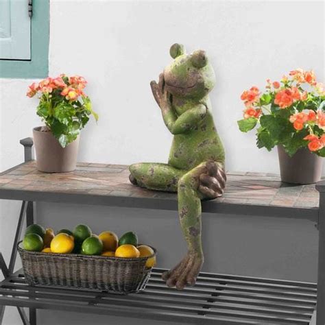 Sunjoy Large Sitting Frog Garden Statue Resin With Rustic Green Finish