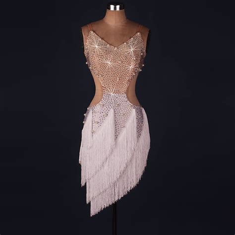 Latin Dance Dress Fringed Tassel Crystals Rhinestones Women‘s Performance Sleeveless Natural