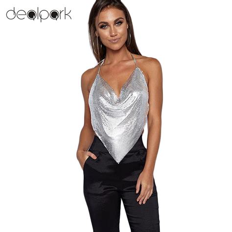 Sexy Women Metal Crop Top Halter Plunge V Strappy Sleeveless Backless