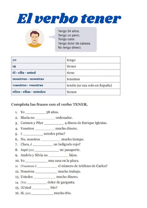 Verbo Tener Exercise In 2023 Spanish Worksheets Spanish Teaching