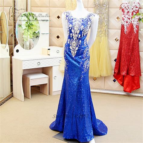 Luxury Royal Blue Evening Dress Crystals Rhinestones Mermaid Sequined