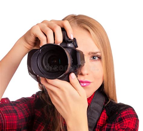 Female Photographer Holding A Professional Camera Stock Image Image
