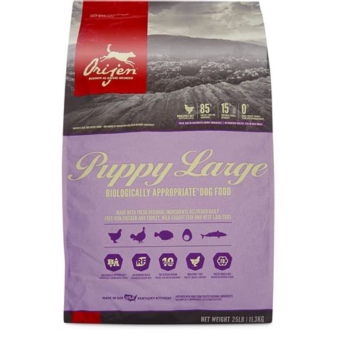 Growth (puppy), maintenance (adult), all life stages, supplemental or unspecified. UPC 064992102258 - Orijen Large Breed Puppy Dry Dog Food ...