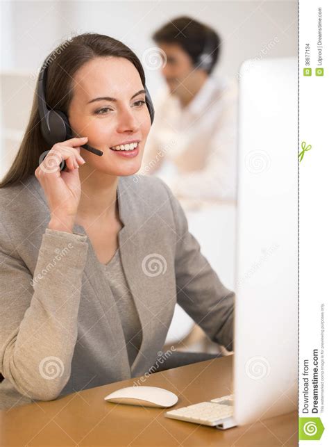 Helpline Operator With Computer In Office Headset Stock Photo Image