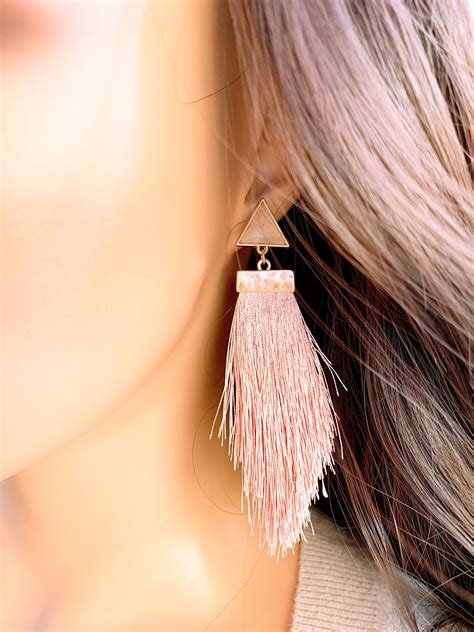 Blush Pink Tassel Earrings Peach Pink Tassel Stud Earrings Long