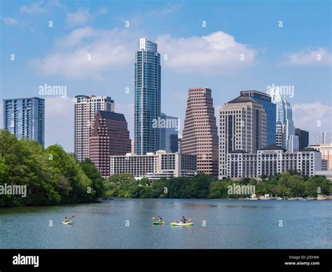 Skyline And Kayaks From The Boardwalk Trail At Lady Bird Lake Austin
