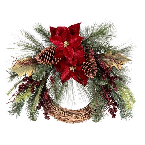 Holiday Time Burgundy Poinsettia And Mixed Berry Christmas Wreath 22