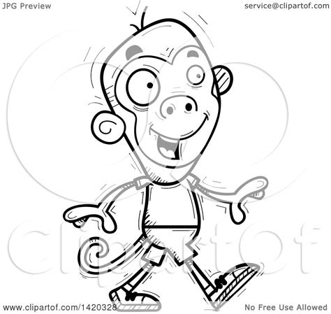 Clipart Of A Cartoon Black And White Lineart Doodled Monkey Walking