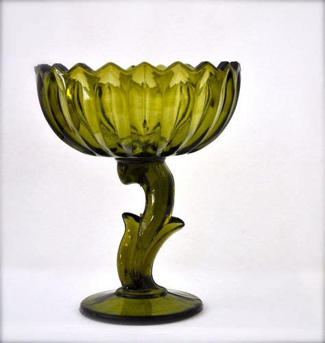 Green Vintage Glass Bowl Olive Footed Glass Lotus By Pamplepluie 12