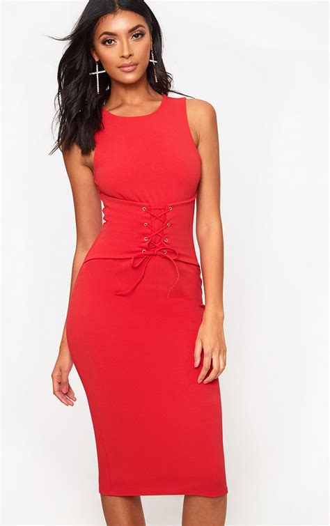 Red Corset Detail Midi Dress Dresses Prettylittlething