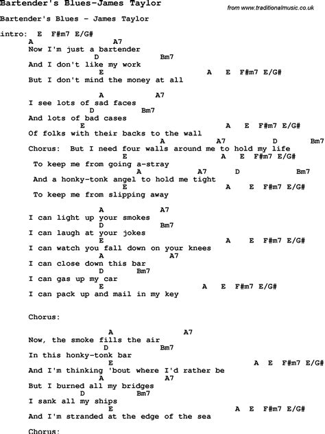Blues Guitar lesson for Bartender's Blues-James Taylor, with Chords