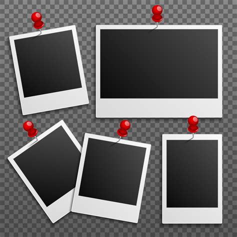 Photo Polaroid Frames On Wall Attached With Pins Vector Set By