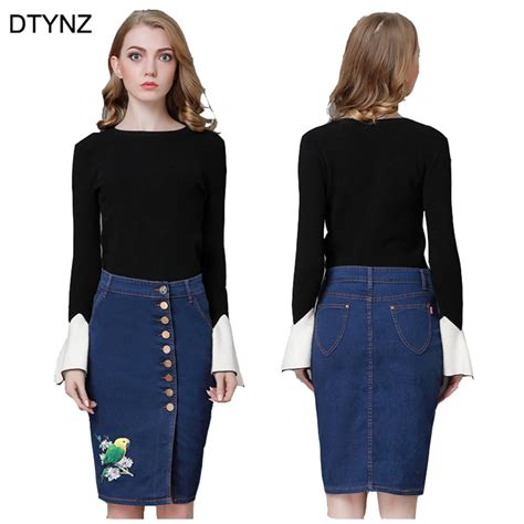 Dtynz Denim Skirt High Waist Lady Button Down Jeans Skirts Knee Length Korean Style Pencil Skirt