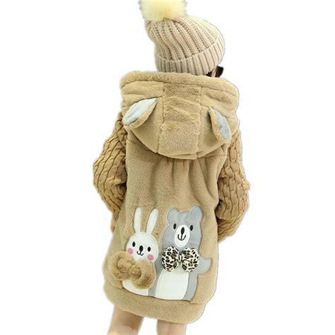 Winter Girls Coat Cute Rabbit Hooded Long Jacket Children Knitted