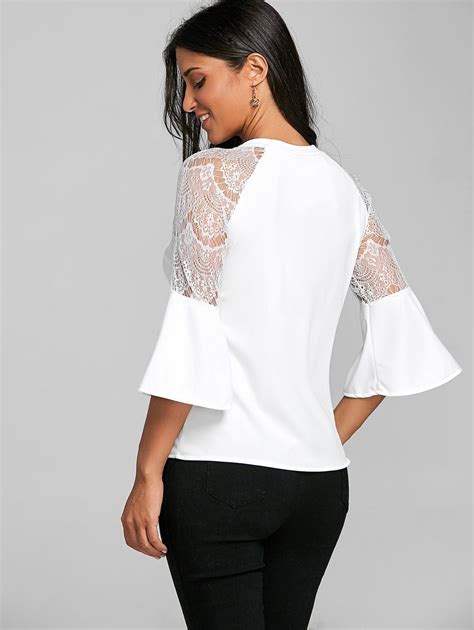 2018 Flare Sleeve Lace Insert Top White Xl In Blouses Online Store