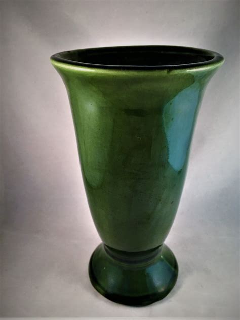 Vintage Dark Green Glazed Pottery Vase Mid Century Flower Vase
