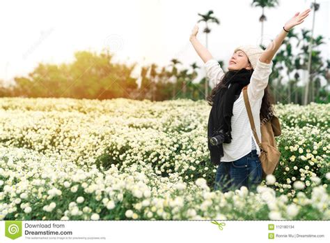 Woman Enjoy The Fresh Air In The Daisy Field Stock Photo Image Of