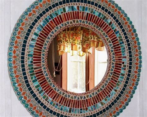 Mixed Media Stained Glass Mosaic Art Mirror Teal Etsy
