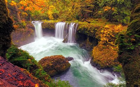 Download Wallpapers Waterfall Lake Autumn Yellow Trees Autumn