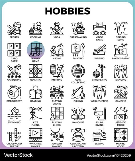 Hobbies And Interest Detailed Line Icons Vector Image