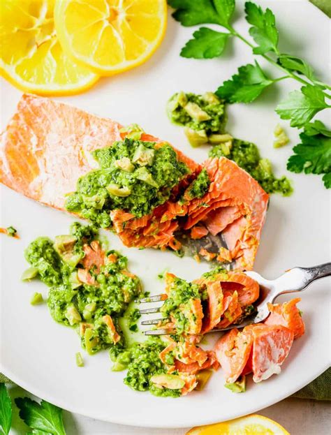 Roasted Salmon With Green Olive Gremolata Table For Two By Julie Chiou