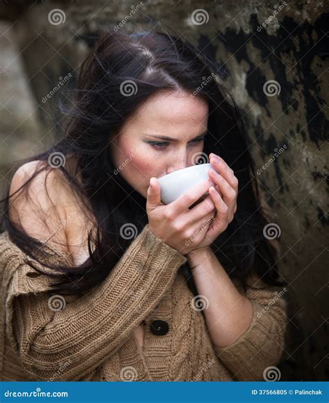 Woman Drinking Tea Outdoors Stock Image Image Of Drink Enjoyment
