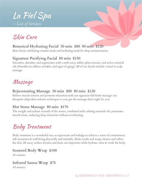 spa services menu templates