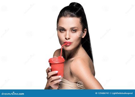 Woman With Disposable Red Cup Of Coffee Stock Image Image Of Stylish