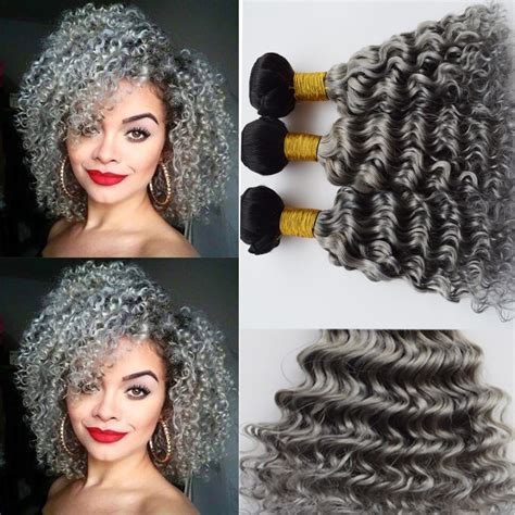 Brazilian Kinky Curly Hair Ombre Grey Hair Weave 3 Bundles Deep Wave 1b