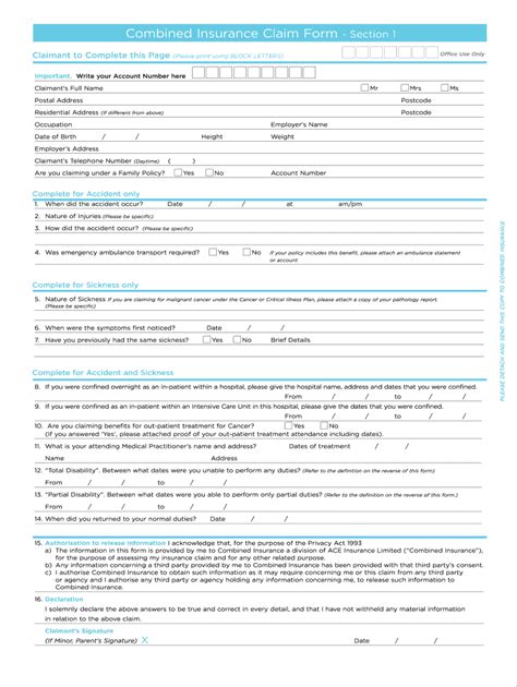 Combined Insurance Claim Forms Printable Printable Templates