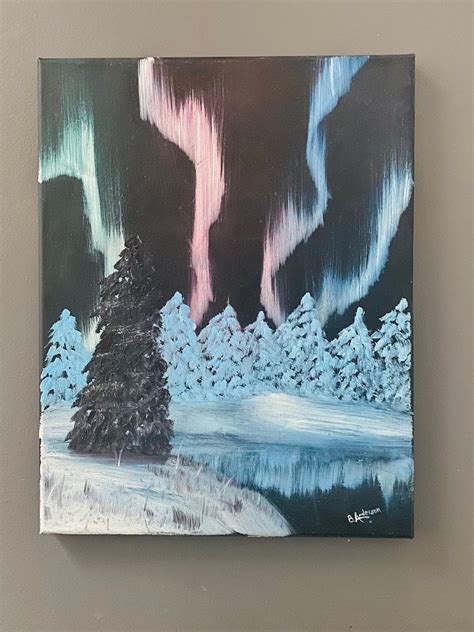 Northern Lights Bob Ross Inspired Oil Painting Etsy