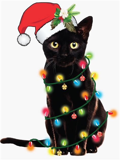 Santa Black Cat Tangled Up In Christmas Tree Lights Holiday Sticker