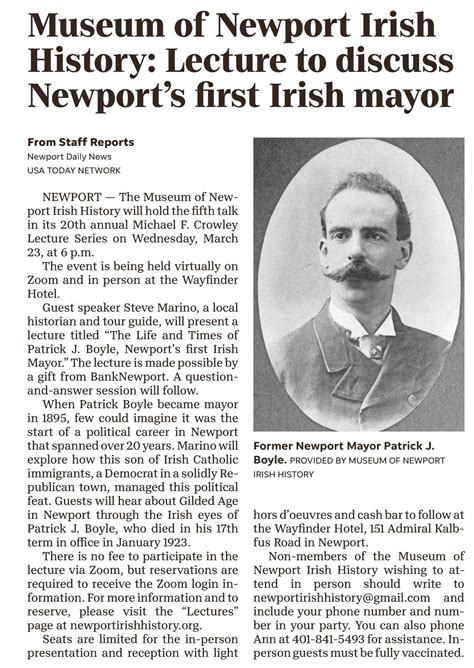 Newport Daily News – “Lecture to Discuss Newport’s First Irish Mayor