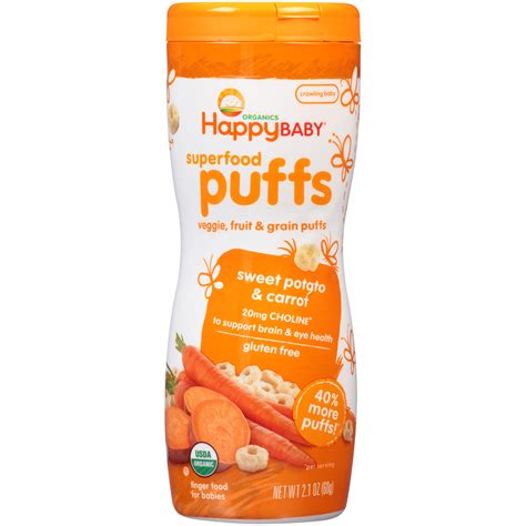 (although, some celebs have been known to enjoy that stuff.) these are crunchy snacks geared toward toddlers. HAPPY BABY Organic Sweet Potato & Carrot Superfood Puffs 2 ...