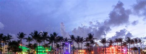 Miami Beach Ocean Drive Panorama With Hotels And Restaurants At Sunset City Skyline With Palm