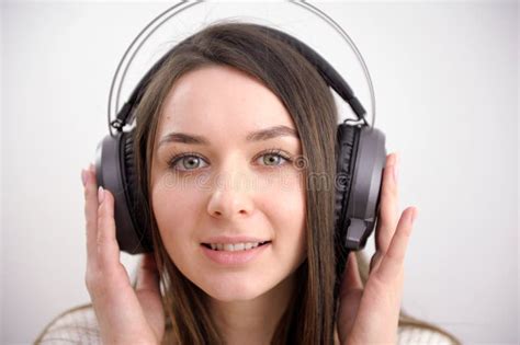 The Girl In Headphones Young Woman Listening Her Favourite Songs In
