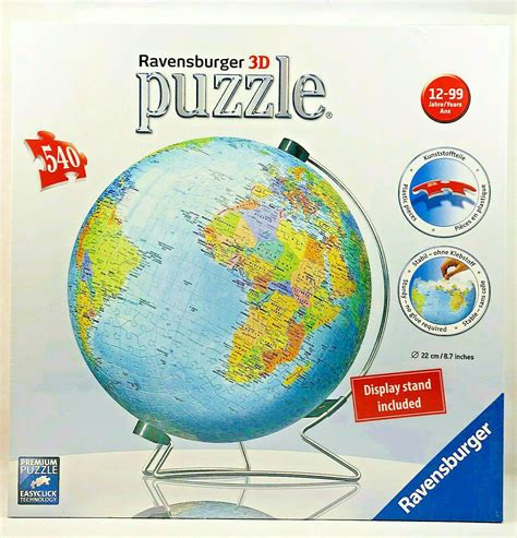 Ravensburger 12436 world globe 3d puzzle 540pc $52.20. Ravensburger 3D Puzzle World Globe with Stand 540 Pcs No ...