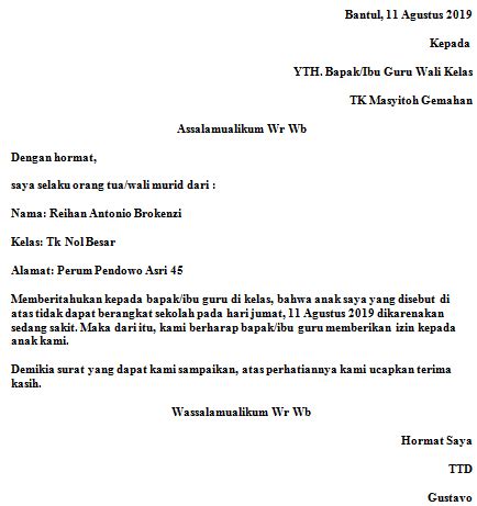 Langkah ini diperlukan untuk mempertanggungjawabkan ketidakhadiran di sekolah, baik itu karena sakit atau karena alasan. Contoh Surat Izin Tidak Masuk Sekolah TK - Fahmifebi