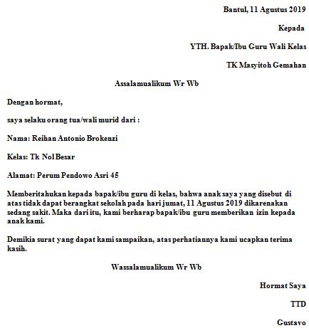 Contoh surat izin sekolah smp yang benar dan rapih serta bisa dijadikan referensi anda sesuai tujuan. Contoh Surat Izin Tidak Masuk Sekolah TK - Fahmifebi