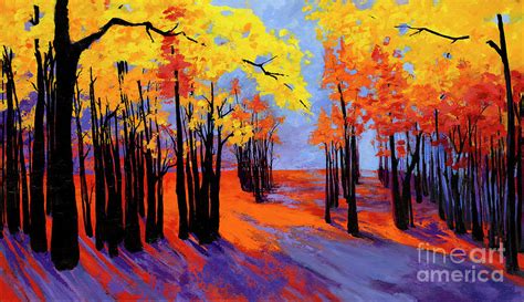 Autumnal Landscape Painting Forest Trees At Sunset Painting By
