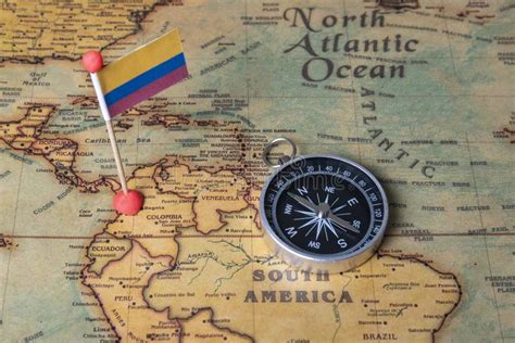 Flag Of Colombia And Compass On The World Map Stock Photo Image Of