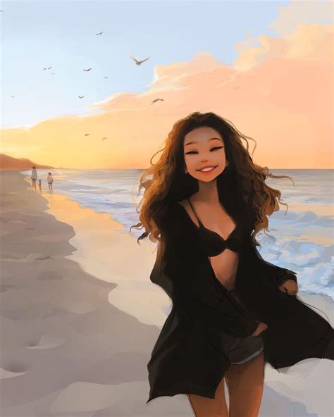 Sam Yang Highres 1girl Beach Bird Breasts Brown Hair