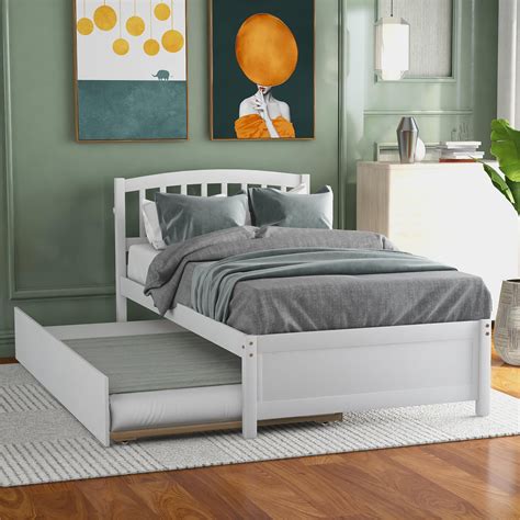 White Twin Platform Bed With Trundle Solid Pine Wood Bed Frame Pull