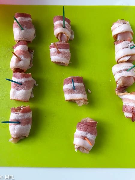 chicken bacon fryer air wrapped bites piece forking toothpick wrap secure each into