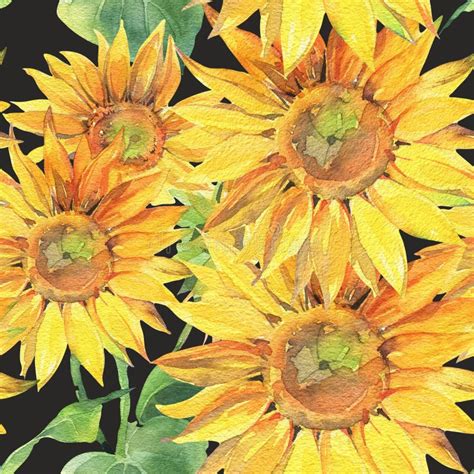 Sunflowers Hand Painted Watercolor Illustration Seamless Pattern With