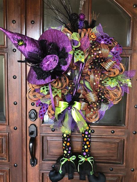 Halloween Witch With Hat Broom And Legshalloween Mesh Wreath Etsy