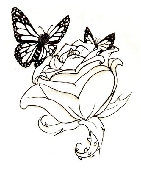 Tattoo Lineart Rose And Butterflies By Waitkc On Deviantart Rose And