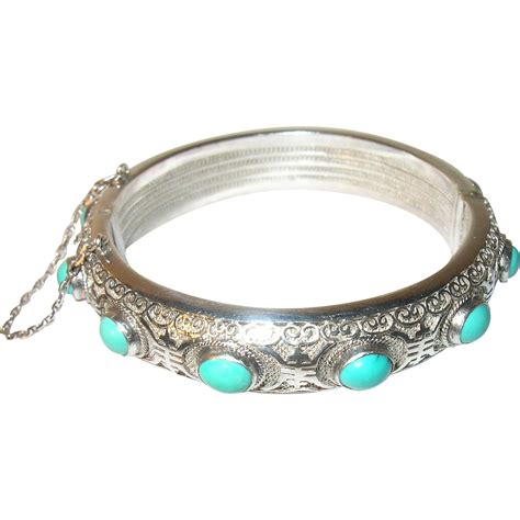 Vintage Bracelet Sterling Filigree Cabochon Turquoise From