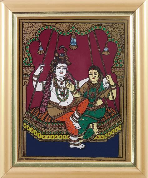 Radha Krishna On A Swing Tanjore Glass Painting Painting Glass